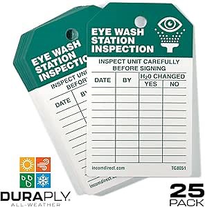 INCOM Manufacturing Inspection Tags, Eye Wash Station Inspection,Heavy-Duty DuraPly™ Stock,Waterproof & Tear-Resistant,Green/Black On White, 5.75 Inch X 3.375 Inch X 10 Mil Thickness, 25 Pack,TG8051PT