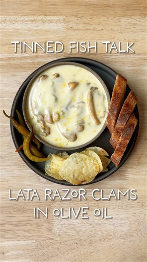 Tinned Fish Talk 🎣 Razor Clams in Olive Oil from Lata These razor clams from Galicia, Spain are a unique, briny treat of their own. The addition of olive oil and the pressure cooking process extracts the necessary proteins to stabilize a razor clam pil pil. The frother trick from Vicent and Nacho makes it even easier to achieve at home. Code DAYWITHMEI gets you 10% most tins from Lata. Transparently I’ve been a customer and collaborator with Lata for a few years now, and the code may support me