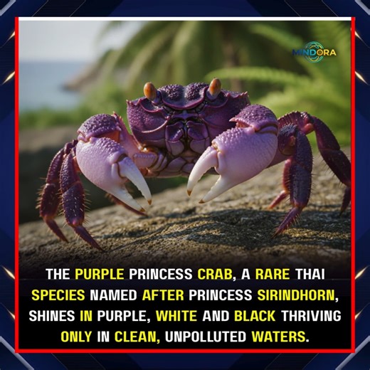 The Purple Princess Crab, scientifically known as the Sirindhorn Crab (Thaiphusa sirikit), is indeed a rare freshwater crab species found in Thailand. It was named in honor of Princess Maha Chakri Sirindhorn, a member of the Thai royal family. Its vivid purple, white, and black coloration is real and noteworthy — these crabs live in clean, unpolluted streams, making their presence a sign of a healthy ecosystem. #crabs | Did You Know Facts