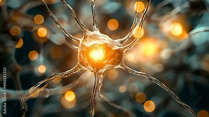 A close-up image of a neuron, a type of nerve cell, with its intricate network of dendrites and axons