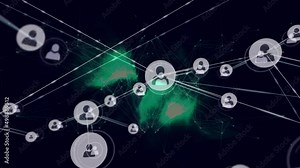 Animation of growing network of people icons transferring data over glowing lights on black