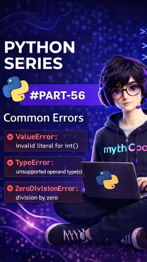 Myth Codes on Instagram: "Python Series Part 56 | Common Errors During Type Conversion In this video, we’ll discuss the most common errors that occur during type conversion in Python. You’ll learn: Why type conversion errors happen Which values cannot be converted How to avoid common mistakes while converting data types. Understanding these errors will help you debug faster and write more reliable Python programs 🚀 #python #programming #coding #computerscience #viral"