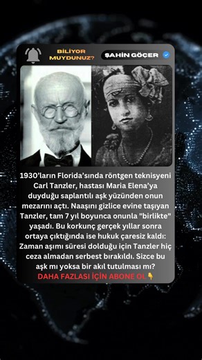 1930’ların Florida’sında yaşanan bu olay, duyanların kanını donduruyor. Bir röntgen teknisyeni olan Carl Tanzler, hastası Maria Elena’ya öylesine saplantılı bir aşkla bağlandı ki, o öldükten sonra mezarını açıp naaşını evine taşıdı. Tam 7 yıl boyunca bu korkunç sırla yaşadı. Olay ortaya çıktığında ise asıl şok hukuk sisteminde yaşandı: Zaman aşımı nedeniyle Tanzler hiçbir ceza almadı. Sizce bu bir sevgi göstergesi mi, yoksa tamamen bir akıl tutulması mı? Yorumlarda tartışalım! 👇 #carltanzler #t