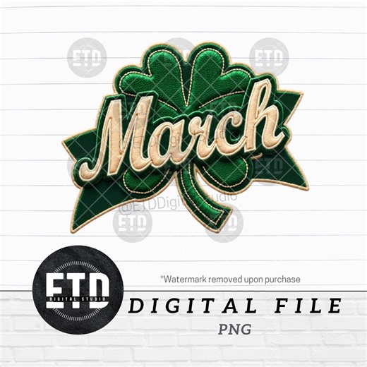 March Shamrock PNG, Faux Chenille Patch Style St Patricks Day Graphic, Lucky Clover Shirt Design, DTF Sublimation Printable Digital File
