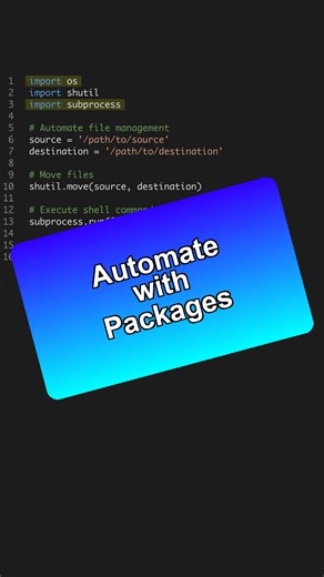 Level up automation with Python packages! 🚀 Discover how os, shutil, and subprocess streamline tasks. 🎯 --- Get the Python for AI course 6 projects at the link in bio. 🐍