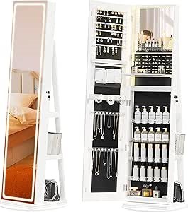 Mirror Jewelry Cabinet Standing, Jewelry Armoire with Full-Length LED Mirror and Adjustable Lights, 360° Swivel Jewelry Organizer Storage, White