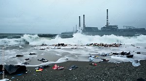 A polluted beach littered with plastic waste, debris, and oil spills on the sand.