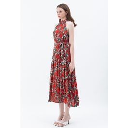 Red Floral Halter Neck Sleeveless Dress