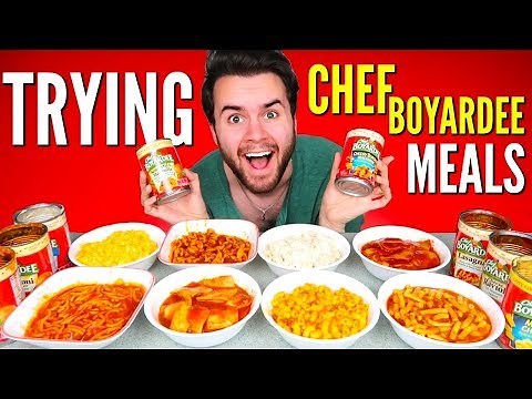 TRYING CHEF BOYARDEE CANNED MEALS! - Ravioli, Chicken Alfredo, Mac N' Cheese, & MORE Taste Test!