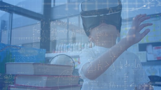 Animation of mathematical equations over smiling schoolboy using vr headset in classroom | Premium Stock Video Footage