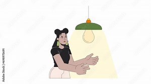 Switching to energy saving lightbulb line cartoon animation. Upgrading light fixture 4K video motion graphic. Hispanic woman replacing bulb 2D linear animated character isolated on white background