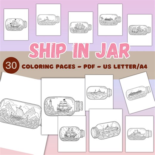 Ship in a Jar Coloring Pages, Nautical Ship Coloring Book Printable PDF, Ocean Boat Art for Kids US Letter A4 - Etsy