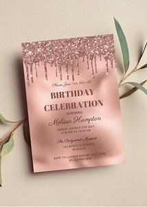 Editable Rose Gold Birthday Invitation, Rose Gold Glitter Drip, Dripping Glitter Invite, Printable - Etsy