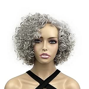 Onemliy Grey Wigs for Women Short Curly Asymmetrical Wigs Ombre Silver Gray Wig for Halloween Cosplay Costume Party