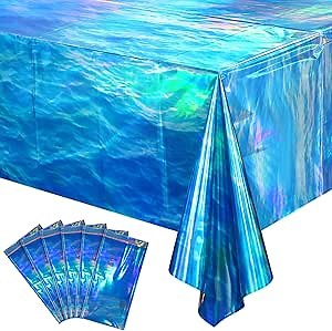 6Pcs Iridescent Ocean Waves Tablecloths Disposable Plastic Ocean Blue Table Cloth Rectangle Table Covers for Under the Sea Beach Surf Ocean Pool Party Birthday Party Decorations, 54 x 108 Inch