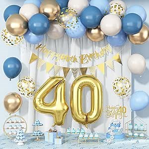 40th Birthday Decorations for Women Men, Dusty Blue Cream White Gold 40 Balloons Happy 40th Birthday Bunting Banner & Cake Topper Number 40 Foil Balloon for Him Her Forty Year Old Birthday Party Decor
