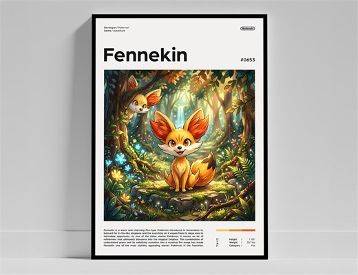 Fennekin Poster, Pokemon Video Game Print, Gaming Wall Art, Pokedex Collector Decor