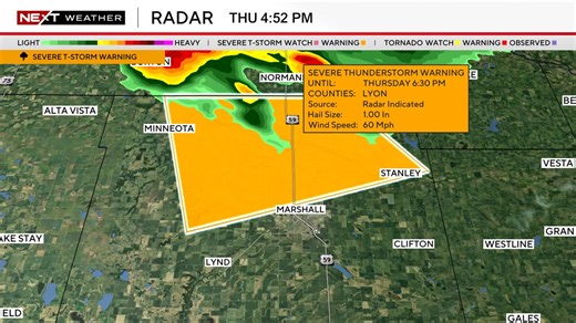 5.4K views | ⚠️ NEXT Weather Alert: Severe T-Storm Warning for Lyon county until 8/14 6:30PM. Severe thunderstorms can produce quarter-size hail (or larger) and/or wind gusts to 60 mph or greater. Take shelter inside, in an interior room on the lowest floor of a sturdy building, and stay away from windows until the storm passes. More: wcco.com/weather | WCCO & CBS News Minnesota | Facebook