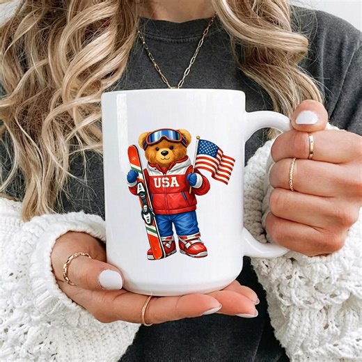 USA Ski Bear Mug, Cute Teddy Bear Skiing Coffee Cup, Patriotic Winter Sports Gift, American Flag Decor, Après Ski Hot Cocoa Mug for Kids - Etsy