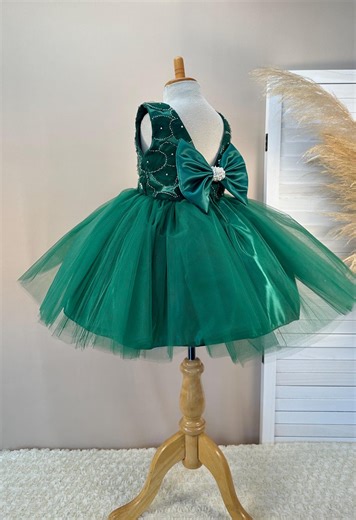 Hunter Green Tulle Flower Girl Dress: Pearl V-back Bow - Etsy