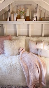 854K views · 4.9K reactions | Neither  My husband built two separate wooden pieces, pushed together. I then added a bench and back cushions (originally meant for outdoor furniture) and layered several comforters on top. The open frame helps with storage underneath. Hope this helps!#sheshedinspo #tinyhome #sheshedsofinstagram #sheshedstyle #sheshedesign | Today with MK | Facebook