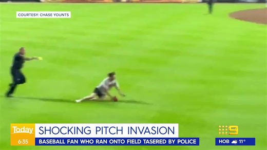 A pitch invader put on quite the performance at a Major League Baseball clash in the US before being tasered by police. #9Today | WATCH LIVE 5.30am | TODAY
