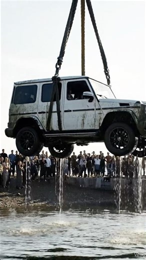 Crane lifts a sunk G-Wagen out of the water 🚙💦 The heavy car rises slowly as water drips down 🌊💪