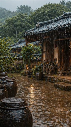 Heavy Rain on Korean Hanok Courtyard Clay Jars 🌧️🏺 Fall Asleep Fast #shorts