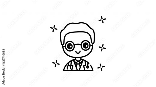 line art icon animation of Doctor hospital cartoon depicts a bespectacled physician with stethoscope ready to help patients.