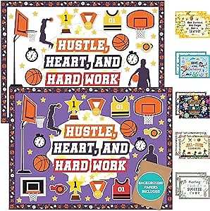 Decorably 71 Pcs Cutouts Basketball Poster Board Decorations Set with Borders, Sports Theme Bulletin Board Decor - School, Homeschool
