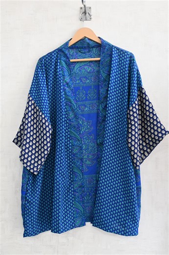 Blue Patchwork Silk Kimono: Intimates Sleepwear Body Crossover Dressing Gown - Etsy