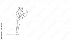 Animated self drawing of one continuous line draw young strong model woman bodybuilder posed. Fitness center gym logo concept. Full length single line animation for bodybuilding competition contest.