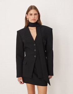 ASOS DESIGN cinch shoulder pad blazer with scarf co ord in black | ASOS