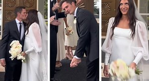 Bride rolls her eyes as golfer hits practice swing at exit of wedding ceremony