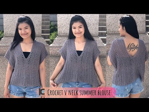 Crochet V neck summer blouse ( Free written pattern for sizes XS-XXL )