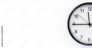 Clock face time lapse on white background with copy space for your own text. Clock time ticking on a classic Wall Clock. Shadows moving over the Watch. Half of a Clock dial close-up isolated. Concept