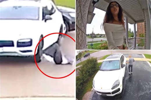 Crazy video shows woman stealing Porsche and running over owner in his driveway
