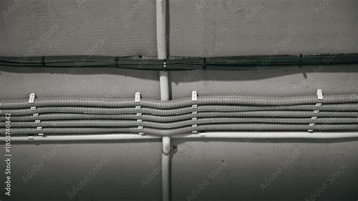 Organized Wiring Setup, Methodical Conduit Placement With Secure Fasteners And Neat Arrangement