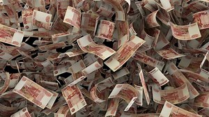 Dynamic Russian Ruble money bills transition from the corner diagonal wipe