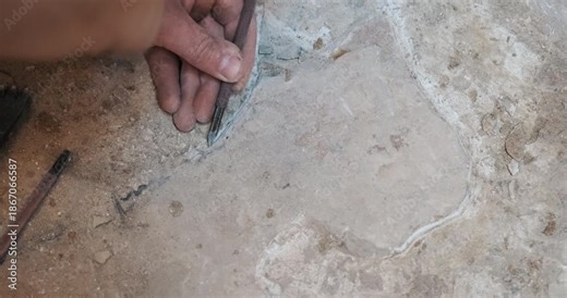 Extreme close-up 10-bit 4K slow motion of an artisan's hands carving a groove into a stone block with a chisel and hammer in Turkey. Highlighting precision and traditional masonry techniques.