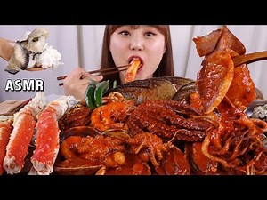 ASMR Mukbang｜Oyster rice and Korean braised spicy seafood of abalone, octopus, fish eggs, crabs