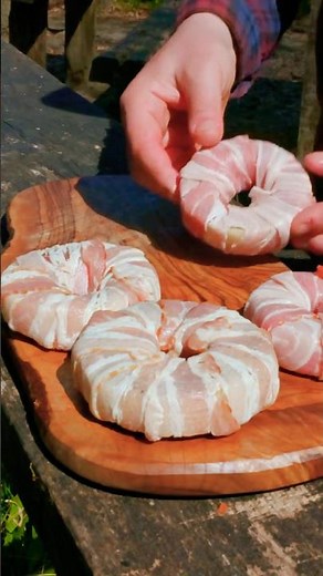 Bacon Wrapped Onion Rings Filled With Seasoned Meat #charcoalgrill #shorts