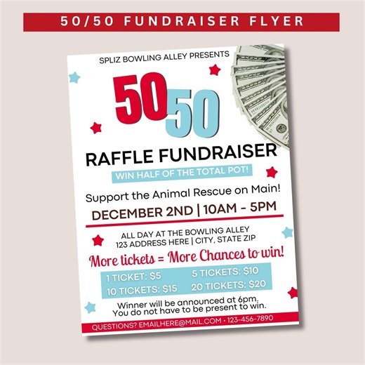 50 50 Raffle Fundraiser Flyer, Raffle Event, Raffle Flyer, Fundraiser Flyer, School Fundraiser, Canva Flyer Template - Etsy