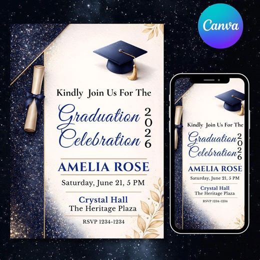 Graduation Party Invitation, Class of 2026 Invite, Blue Graduation Announcement, Self-editable Digital Download, DIY Printable Grad Card - Etsy