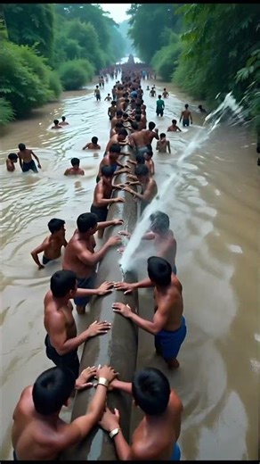 People wade through floodwaters holding onto a long pipe. #ai #shortvideo #aivideo