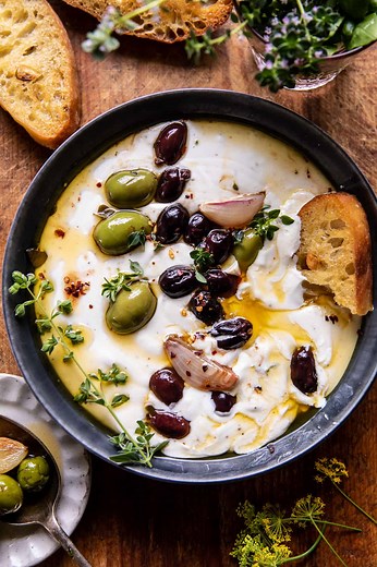 Honey Whipped Feta with Garlic Herb Roasted Olives.