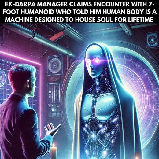 7.4K views · 251 reactions | Ex-DARPA Manager Claims Encounter with 7-Foot Humanoid Who Told him Human Body Is A Machine Designed To House Soul For Lifetime #mystery #aliens #UFO #extraterrestrial #paranormal | Space Stories | Facebook