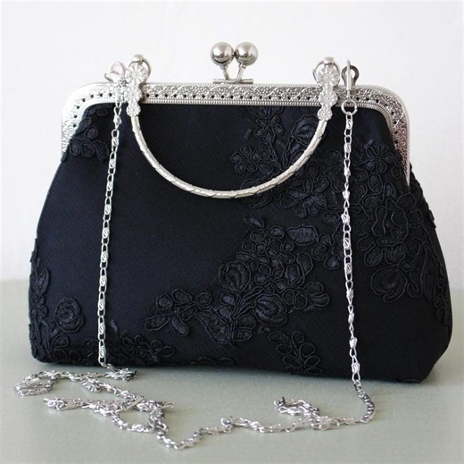 Black Evening Bag Silver Kisslock Purse Mother of the Bride Vintage Style Bag - Etsy