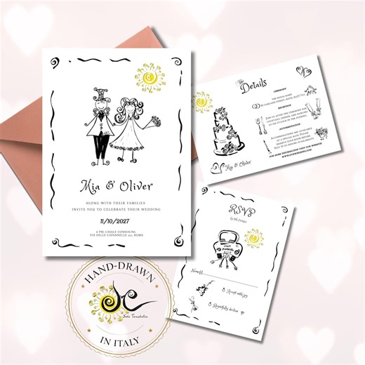 Hand-drawn Wedding Invitation Set. Illustrated Naïve Newlyweds. Invite   Details   RSVP Card. - Etsy