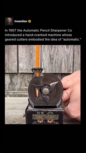 Invention on Instagram: "In 1907 the Automatic Pencil Sharpener Co introduced what it marketed as an automatic pencil sharpener, a term that reflected mechanical automation rather than electricity. At the time, most pencils were sharpened by twisting them by hand against a simple blade. This machine replaced that manual cutting motion with an internal mechanism that controlled the sharpening process. The user turned a hand crank, which transferred motion through internal gears to a rotating cutt